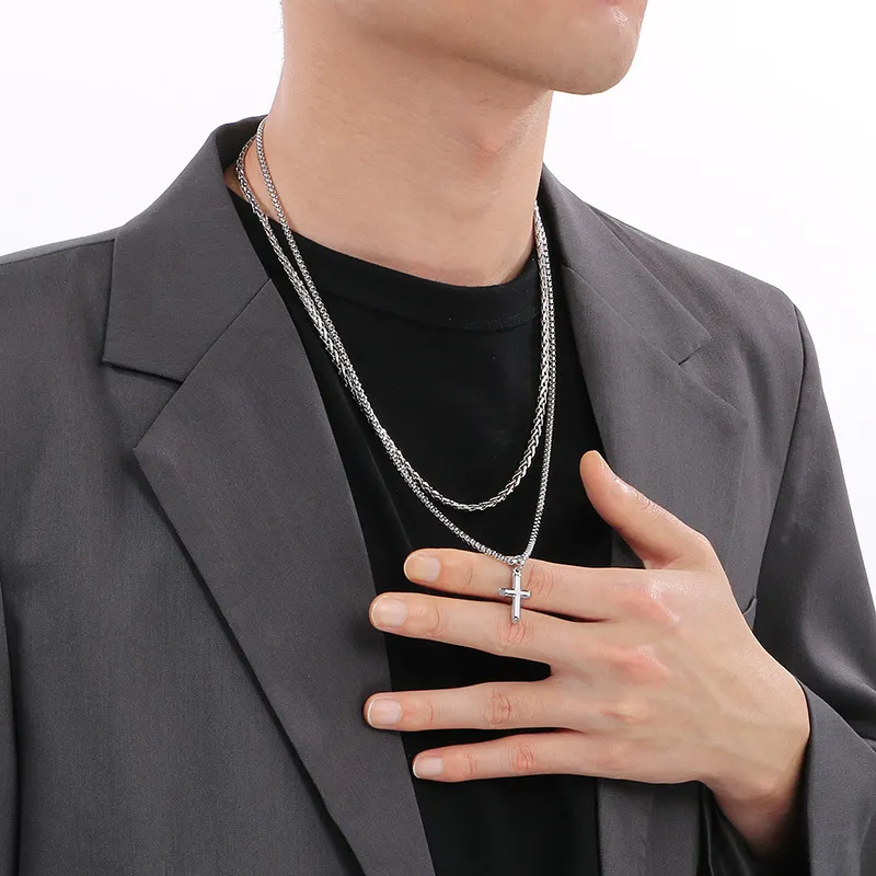 Fashionable Stainless Steel Creative Double-Layer Mixed Chain Hanging Cross Pendant Men's Necklace Accessories