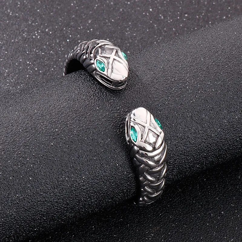 Kalen Stainless Steel Jewelry Set, Vintage Green-Inlaid Cobra Ring and Double-Headed Snake Open Bracelet Men's Set