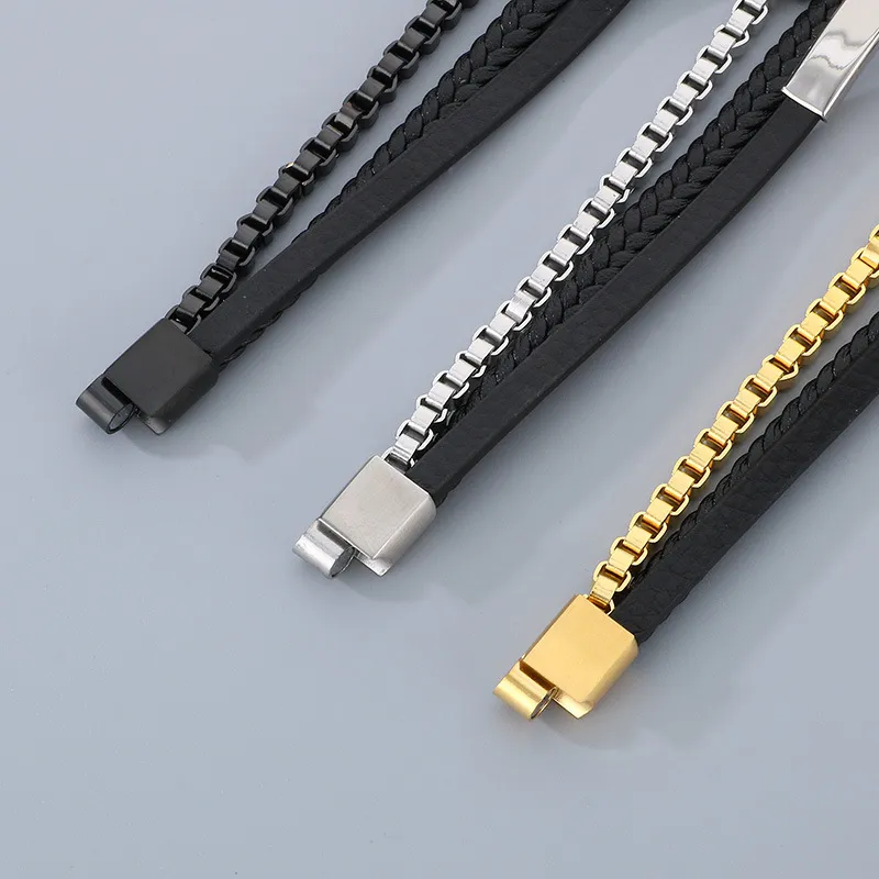 Stainless Steel Chain Leather Rope Woven Bracelet Multi-Layer Woven Leather Bracelet Popular Magnetic Buckle Bracelet