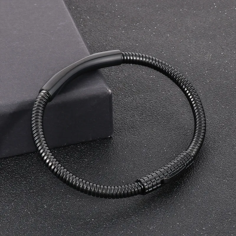 Trendy Men's Stainless Steel Polished Geometric Curved Plate with Engraved Logo Circular Ring Snake Bone Bracelet