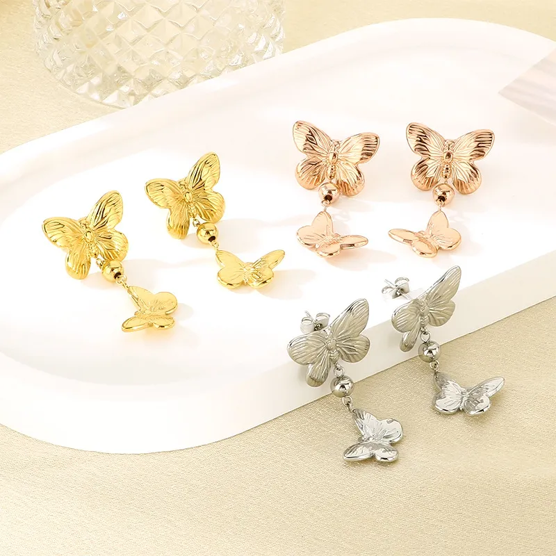Luxury Double Layer Textured Butterfly Stainless Steel Earrings Unique Jewelry