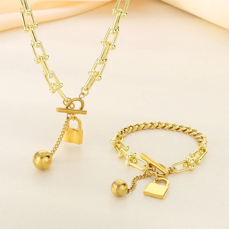 Hip-Hop Ball Padlock Gender-Neutral Sweater Chain Beaded Stainless Steel Jewelry Set Wholesale