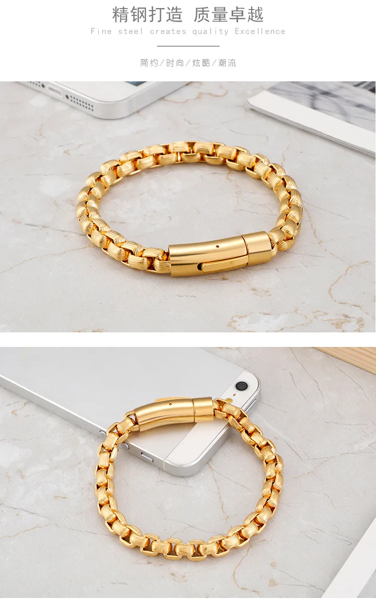 European and American Fashion Stainless Steel Striped Square Pearl Bracelet for Men, Simple Snap Button Motorcycle Chain Jewelry Wholesale