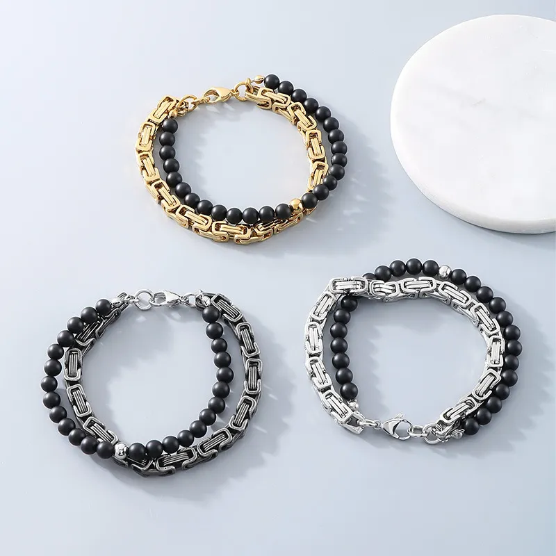 Cross-Border Vintage Handmade DIY Double-Layer Bracelet, Punk Fashion Black Agate Imperial Chain Stainless Steel Men's Stackable Jewelry