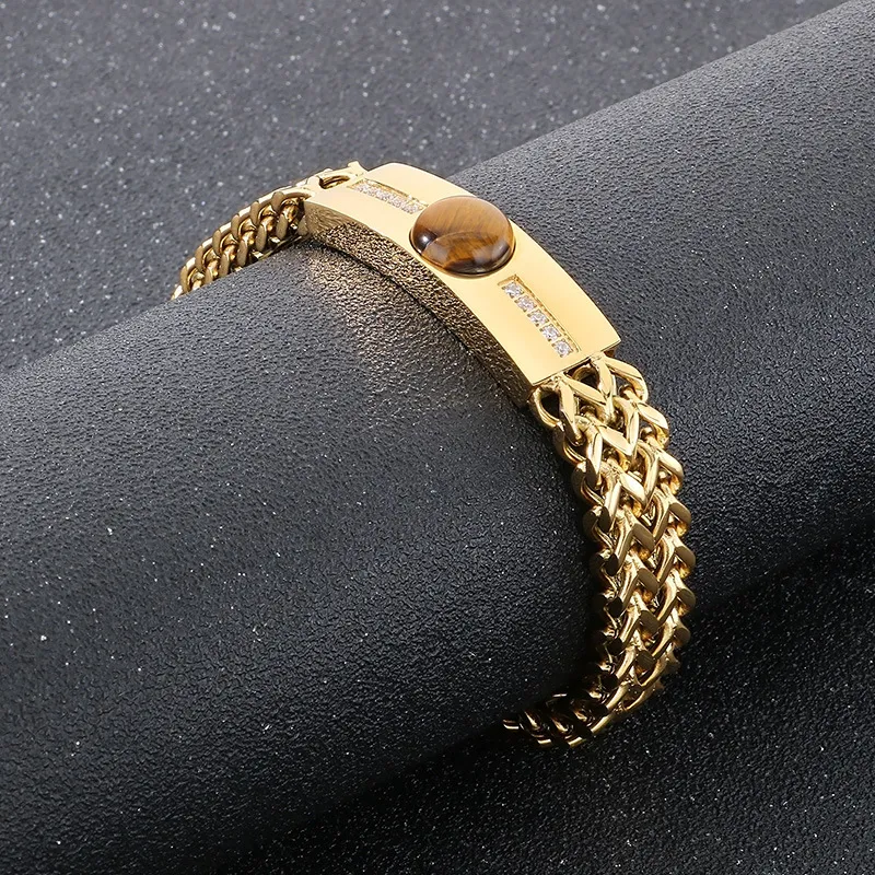 Fashion Tiger Eye Stone Rhinestones Inlaid Mens Bracelets Stainless Steel Chain Bracelets