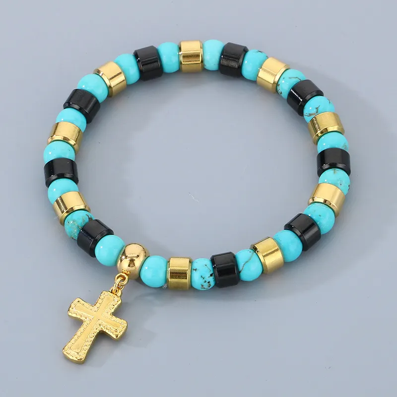 Bohemian Ins Style Colorful Turquoise Men's and Women's Bead Bracelets, Niche Design, Personalized Cross Titanium Steel Bracelet