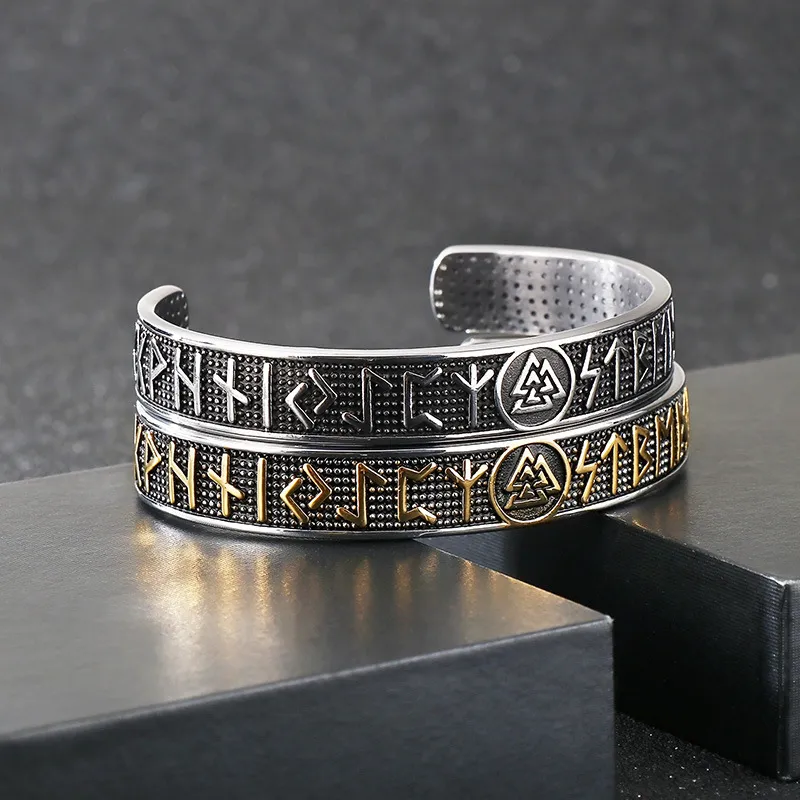 Vintage Viking Runic Textured Bracelet, Nordic Mythology Triangle Knot Personalized Men's Stainless Steel C-Shape Jewelry