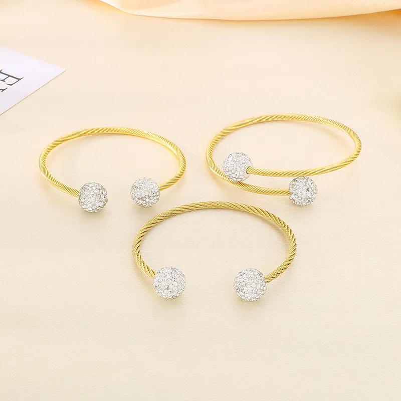 Fashion Round White Clay Full Rhinestone Open Wire Woven Stainless Steel Bangle