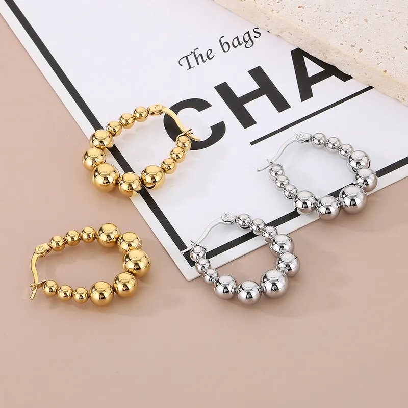 Minimalist Bold Ellipse Bead Earrings Gold U-Shaped Geometric Stainless Steel Clip-on Earrings