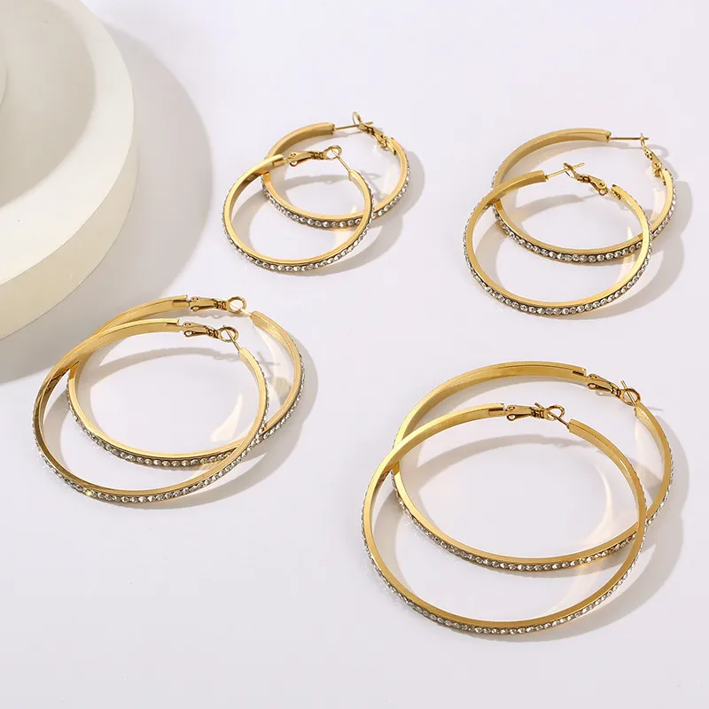 Trendy Statement Earrings Geometric Round Hollow Rhinestone-Embedded Stainless Steel Hoops Women Wholesale