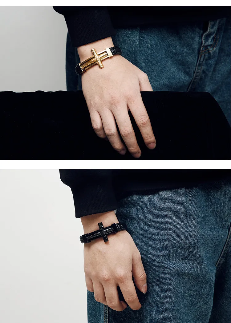 European and American Fashion Punk Cross Men's Stainless Steel Creative Woven Leather Bracelet