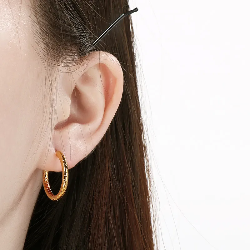 European Ins Striped Plain Round Stainless Steel Huggie Earrings Unisex Versatile Hoops Earrings