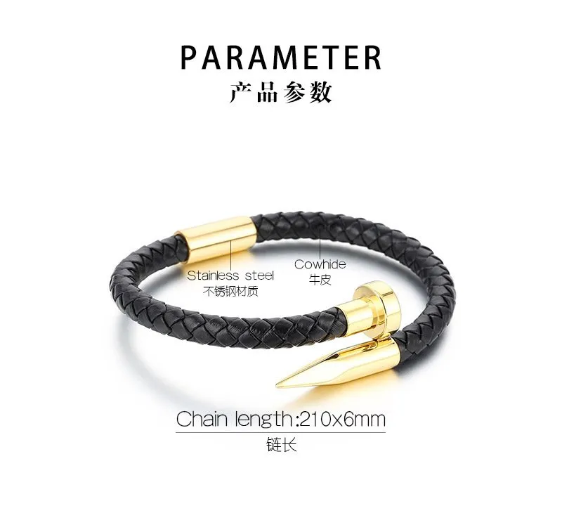 Wholesale Creative Stainless Steel Braided Leather Nail Opening Bracelet Men's Magnetic Buckle Bracelet