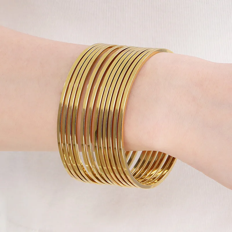 18K Vacuum Gold Plated 2mm Wide Square Wire Stainless Steel Stackable Bracelet