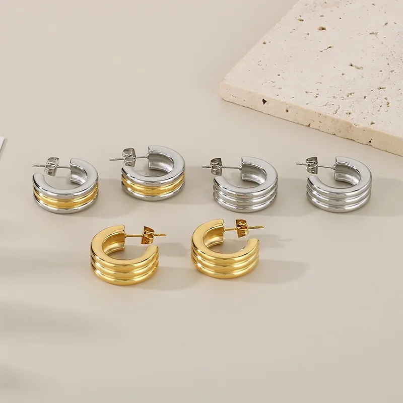 French Fashion Stainless Steel Creative Three Ring C-Shaped Temperament Versatile Girl Earrings