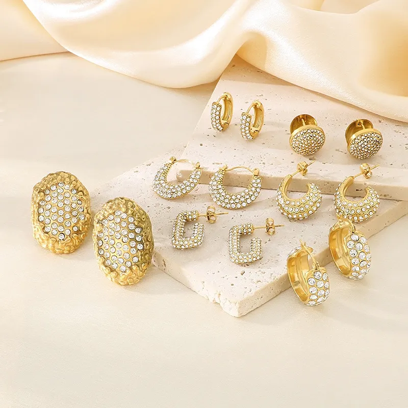 Popular Full Rhinestone Oval Stainless Steel Huggie Earrings Elegant Geometric Jewelry Wholesale