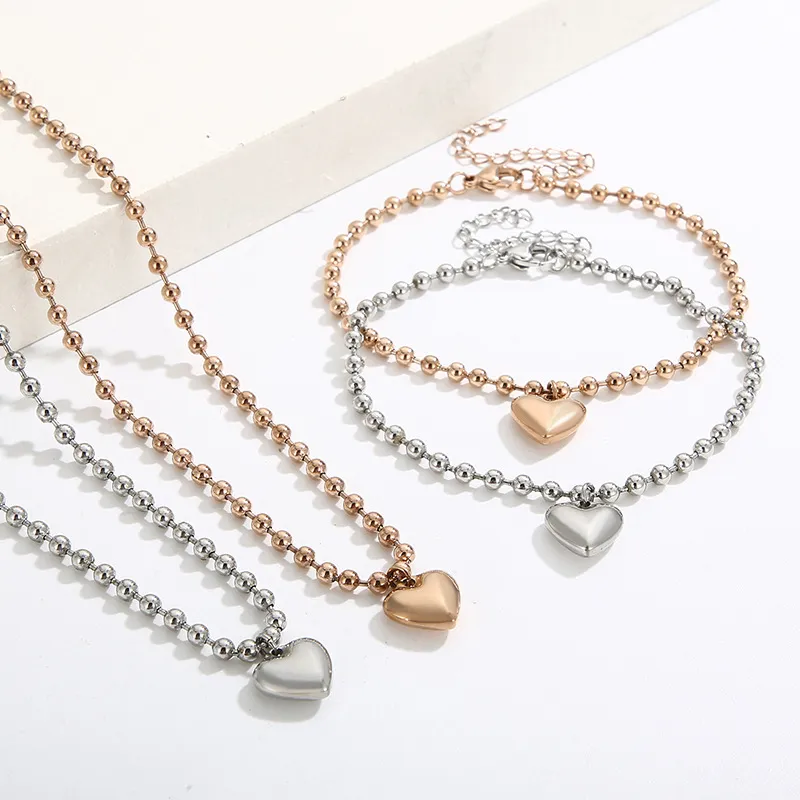 Stainless Steel 3D 18K Gold-Plated Heart-Shaped Bead Necklace and Bracelet Personalized Women's Set