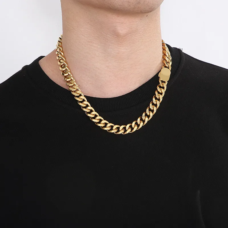 Four-Sided Polished Vacuum Plated Gold Cuban Bracelet, Ins Jewelry, Niche Rock and Hip-Hop Stainless Steel Men's Necklace Set
