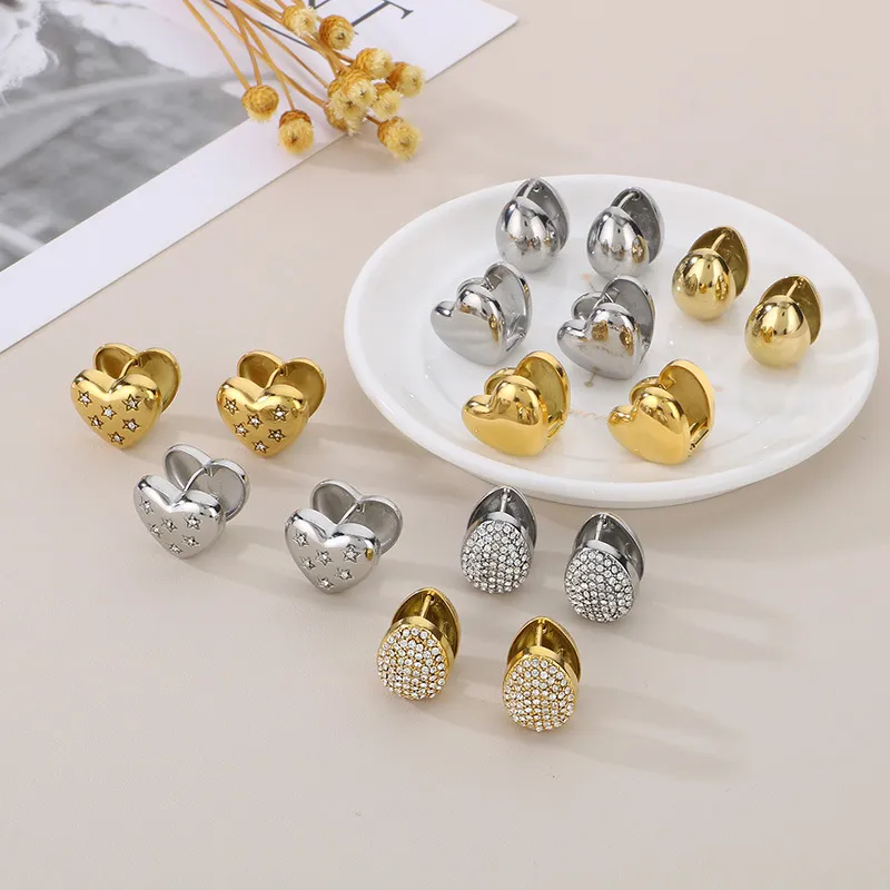 Fashion Double-Sided Heart Rhinestone-Embedded Ear Buckles 18K Gold-Plated Stainless Steel Smooth Earrings