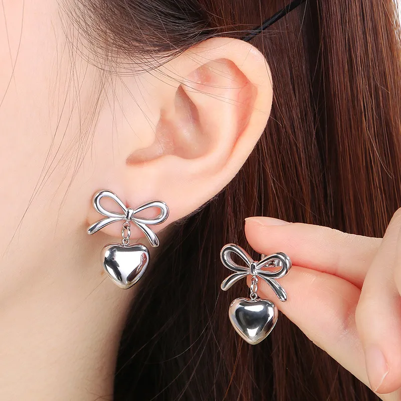 Fashion Earrings 18K Gold-Plated Stainless Steel Ribbon Bow Heart Sweet Temperament Studs Earrings