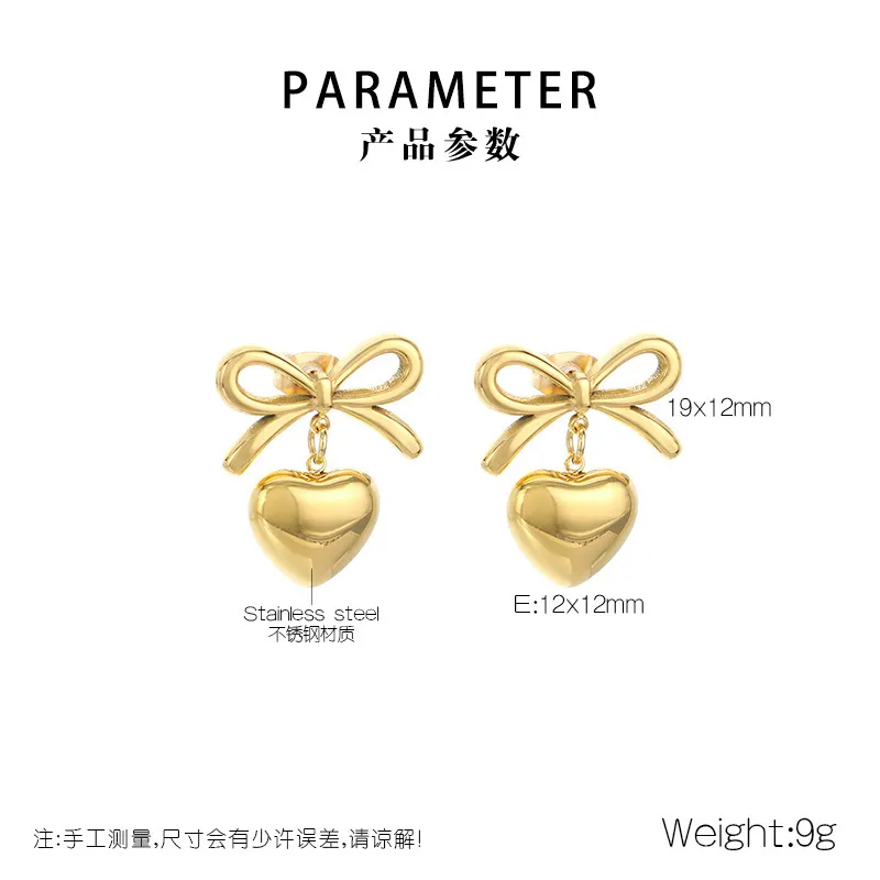 Fashion Earrings 18K Gold-Plated Stainless Steel Ribbon Bow Heart Sweet Temperament Studs Earrings