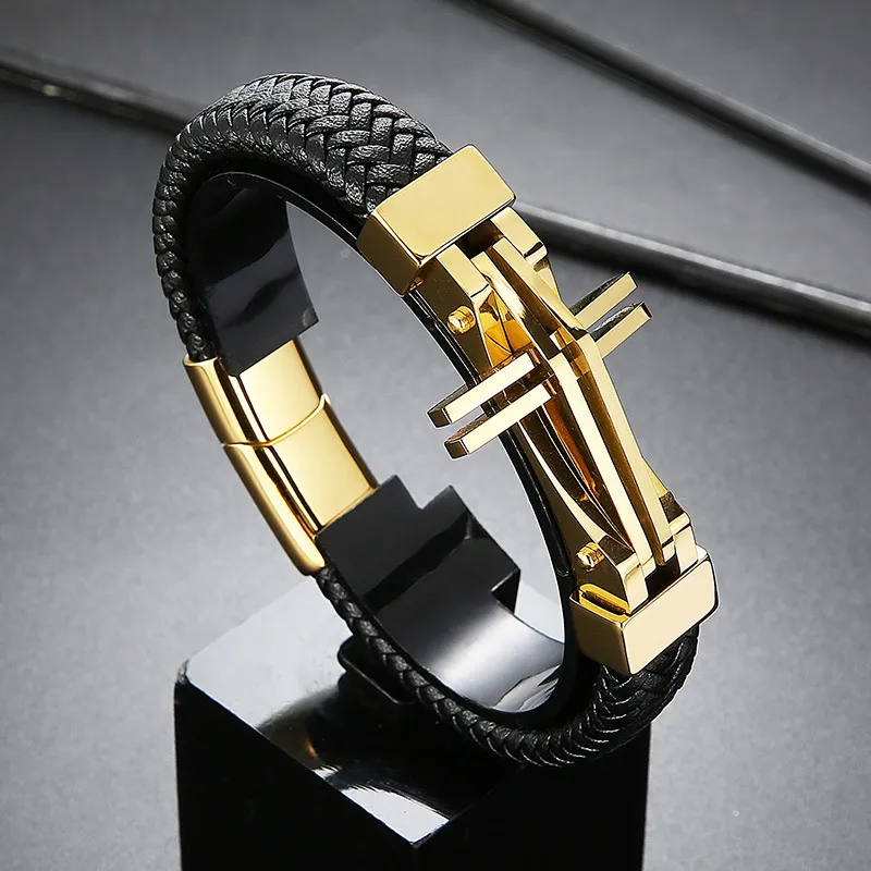 Kalen Fashion Stainless Steel Creative Cross Men's Woven Cowhide Leather Bracelet