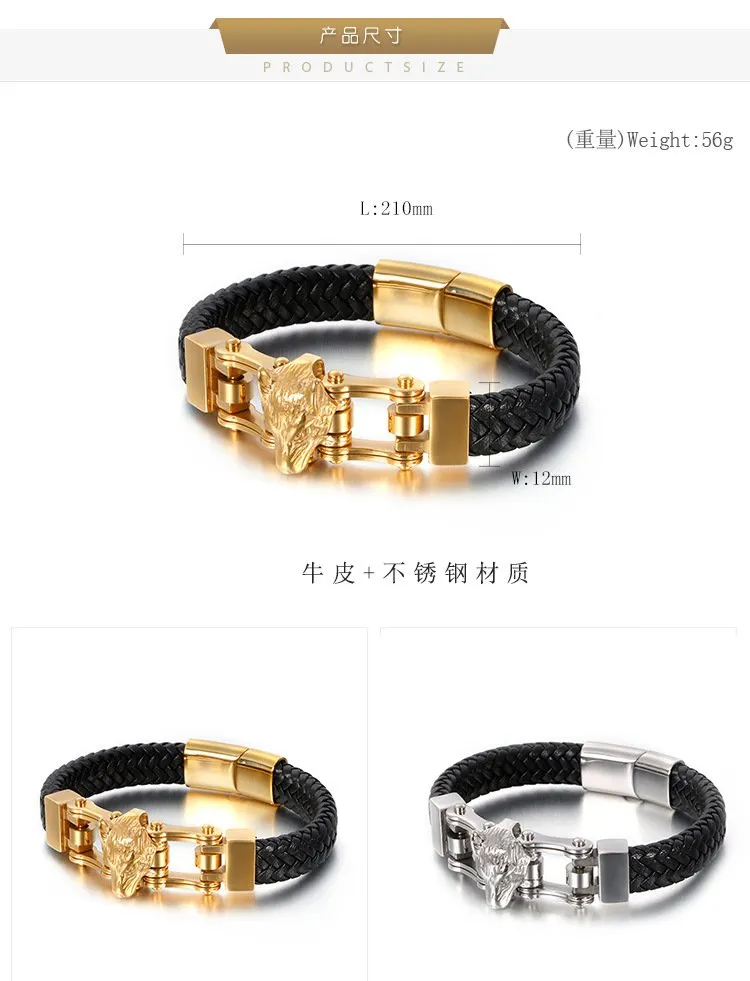 Trendy Men's Stainless Steel Creative Wolf Head Animal Series Woven Leather Bracelet