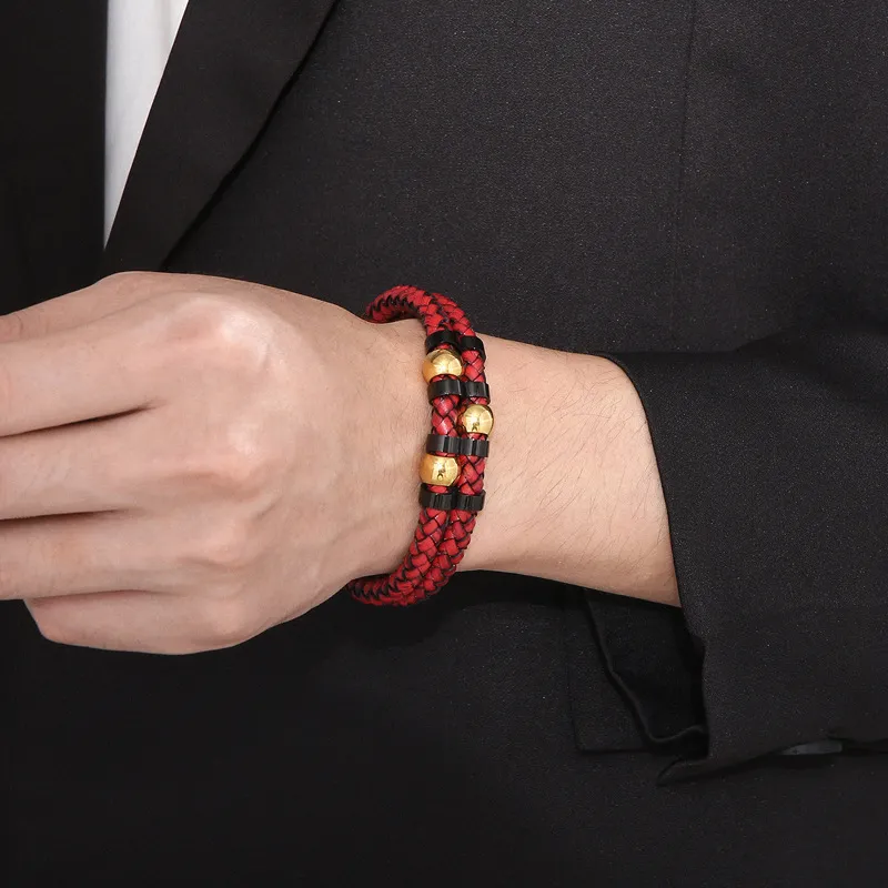 Men's Fashion Stainless Steel Metal Accessories Double-Layer Braided Leather Rope Bracelet