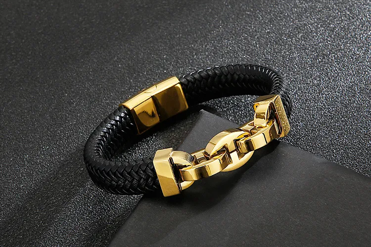 Trendy Men's Jewelry Stainless Steel Geometric Chain Splicing Woven Cowhide Leather Bracelet