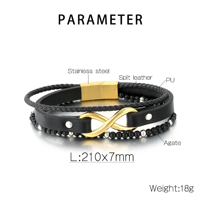 Trendy Men's Stainless Steel 8-Shaped Multi-Layer Woven Leather Bead Magnetic Buckle Bracelet