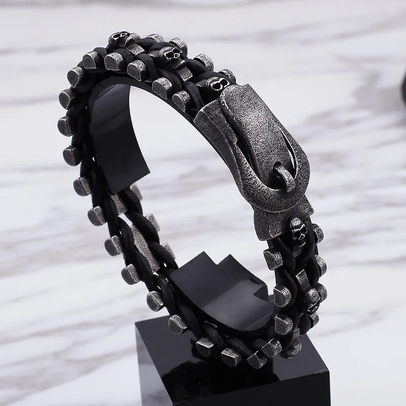 Men's Punk Style Stainless Steel Creative Skull Woven Leather Bracelet Accessory