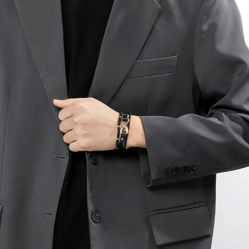 Trendy Men's Stainless Steel 8-Shaped Multi-Layer Woven Leather Bead Magnetic Buckle Bracelet