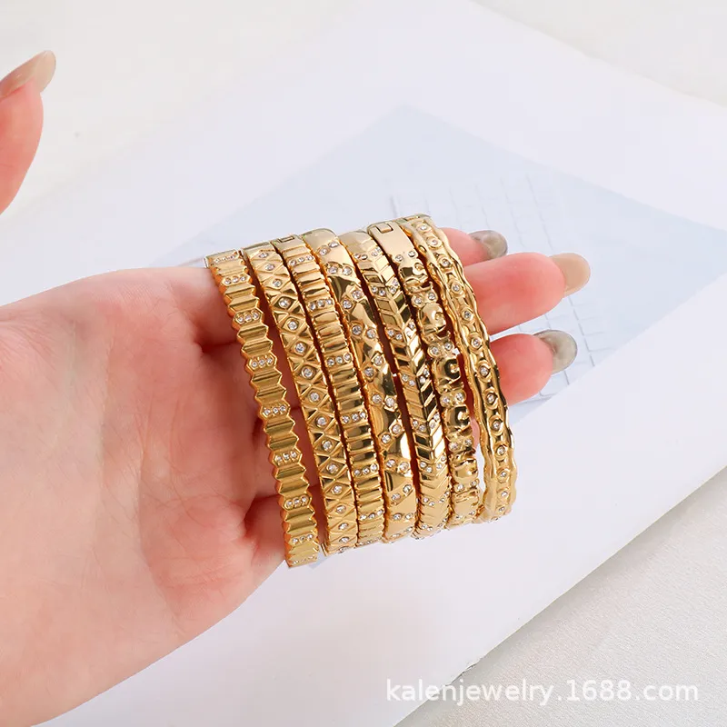 European and American Style Irregular Diamond-Encrusted Stainless Steel Bangles for Women