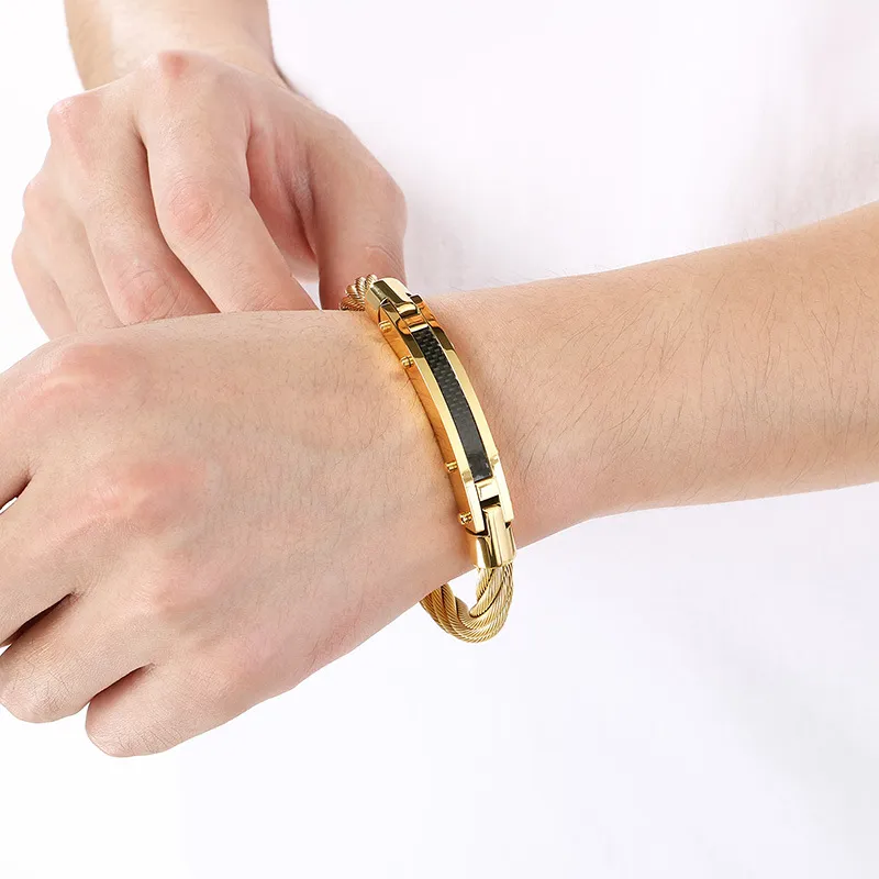 Punk Retro Style Stainless Steel Wire Cable Bent Plate Domineering Men's Bangle