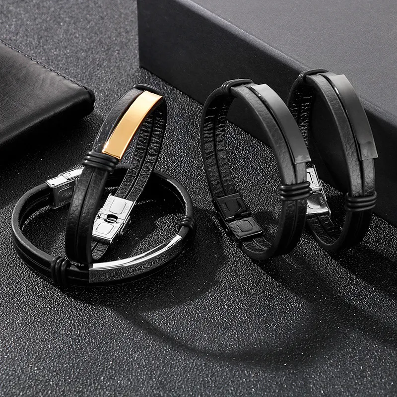 Stainless Steel Geometric Curved Plate Engraved Men's Woven Double-Layer Leather Bracelet Jewelry Wholesale