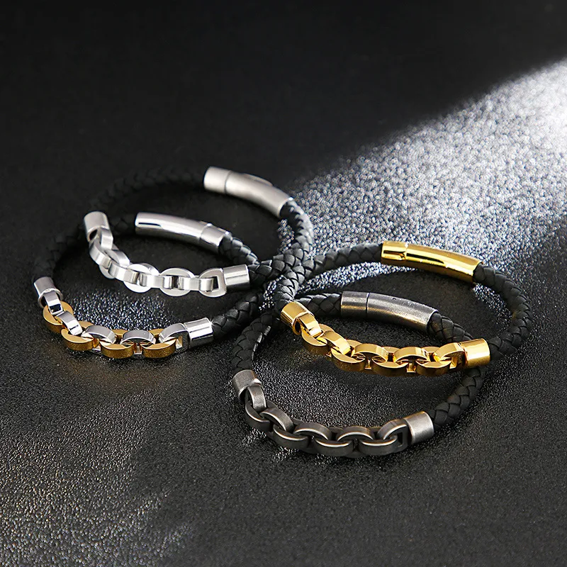 Men's Trendy Stainless Steel Braided Leather Rope Splicing Chain Domineering Leather Bracelet