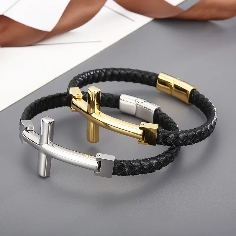 Trendy Stainless Steel Cross Woven Single Circle Cowhide Rope Leather Bracelet Wholesale Accessories