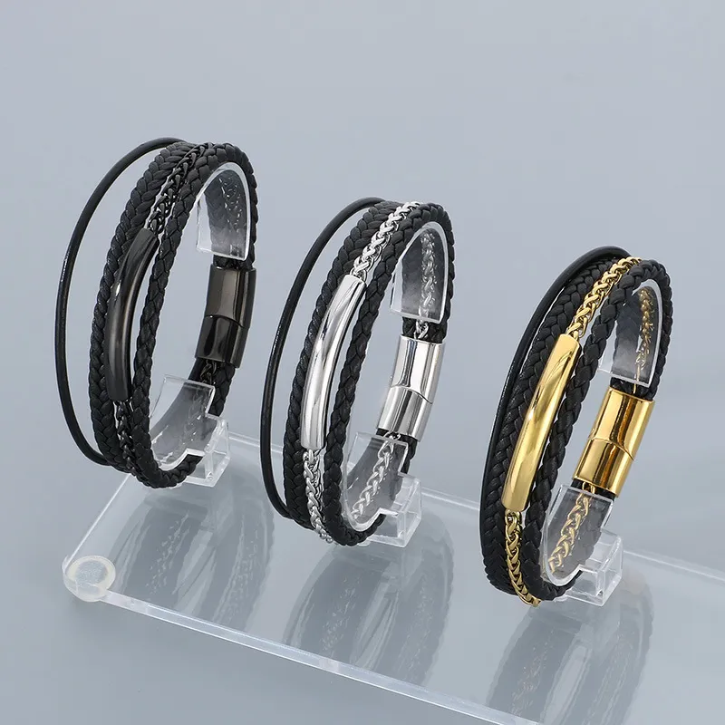 Men's Geometric Personalized Stainless Steel Magnet Buckle Multi Layer Braided Leather Bracelet Jewelry Wholesale