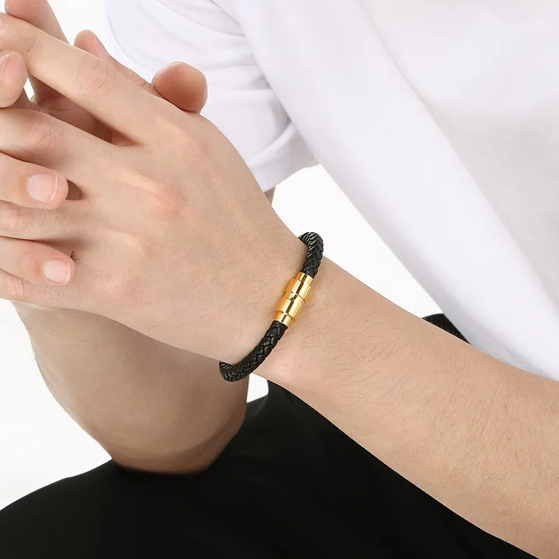 Fashionable Men's Stainless Steel Mesh Buckle Super Fiber Leather Rope Woven Bracelet Jewelry