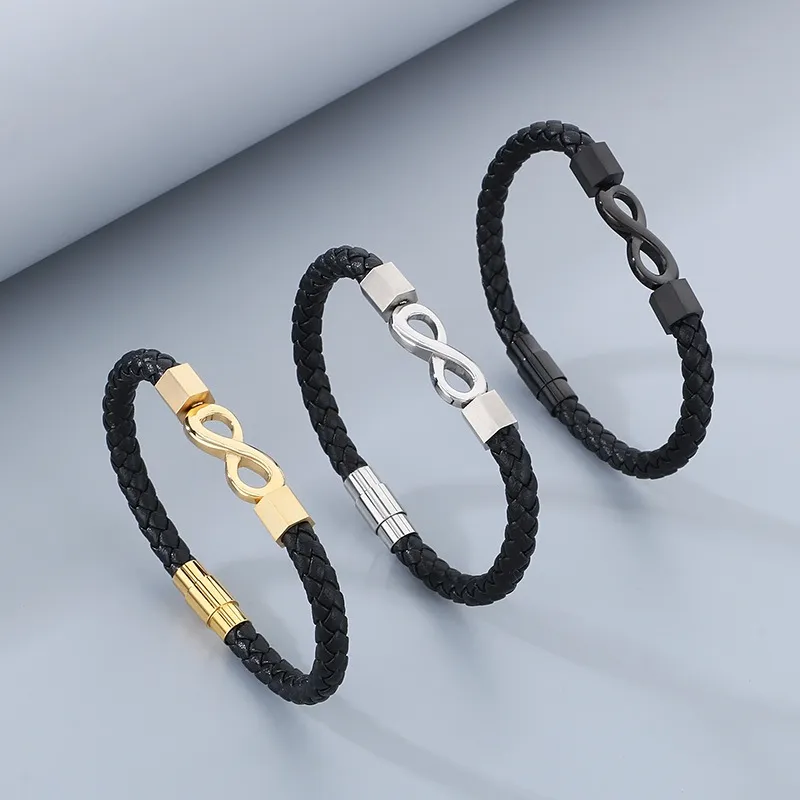 European and American Fashion Stainless Steel Creative 8-Shaped Accessory Men's Woven Leather Rope Bracelet