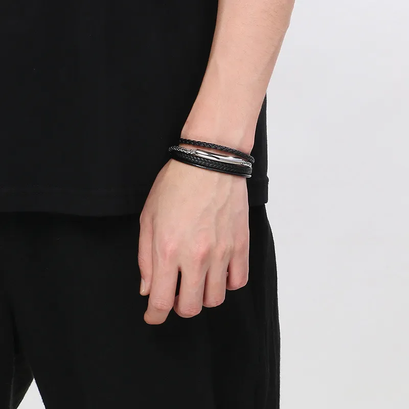 Men's Geometric Personalized Stainless Steel Magnet Buckle Multi Layer Braided Leather Bracelet Jewelry Wholesale