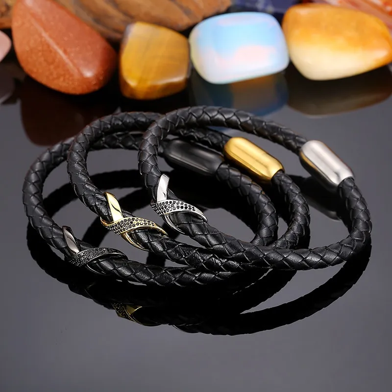 Men's Trendy Stainless Steel Magnetic Buckle Creative Diamond Inlaid 8-Shaped Retro Woven Leather Rope Bracelet