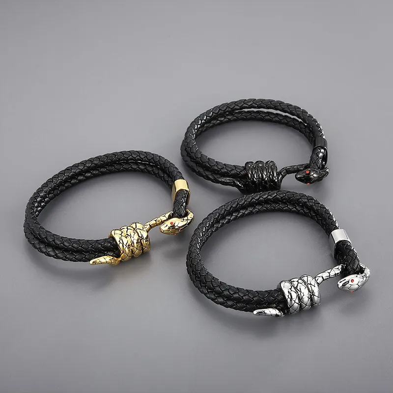 Fashionable Stainless Steel Winding Snake Animal Connection Hand Rope Woven Leather Men's Bracelet