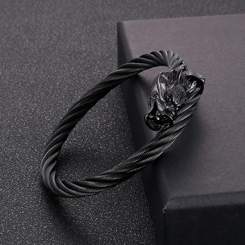 Trendy Open Cuff Bangle Punk Dragon Head Tail Stainless Steel Men's Bracelet
