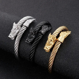 Trendy Open Cuff Bangle Punk Dragon Head Tail Stainless Steel Men's Bracelet