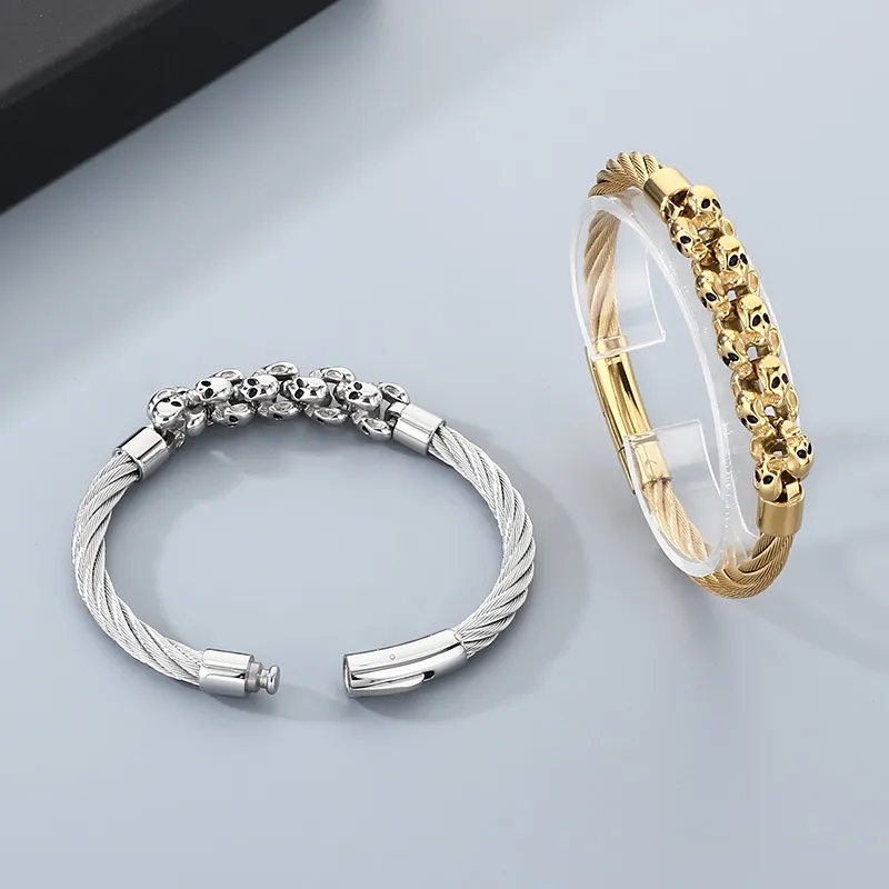 Retro Style Men's Stainless Steel Wire Waistband Punk Skull Bangle Bracelet