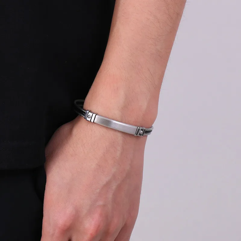 Stainless Steel Braided Three Row Steel Wire Rope Bangle with Curved Plate That Can Be Engraved with Letters
