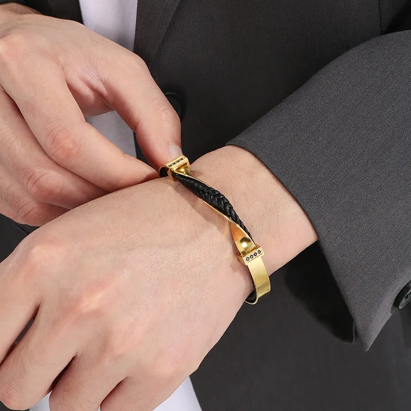 Fashion Stainless Steel Twisted Pattern Diamond Inlaid C-Shaped Open Woven Leather Bracelet Men's Jewelry