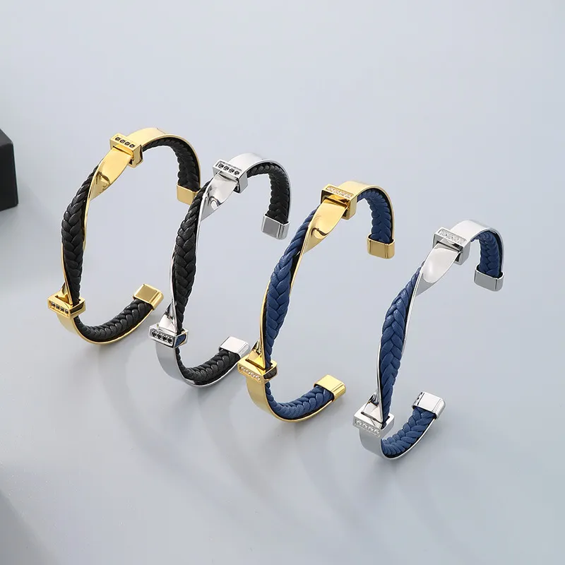 Fashion Stainless Steel Twisted Pattern Diamond Inlaid C-Shaped Open Woven Leather Bracelet Men's Jewelry