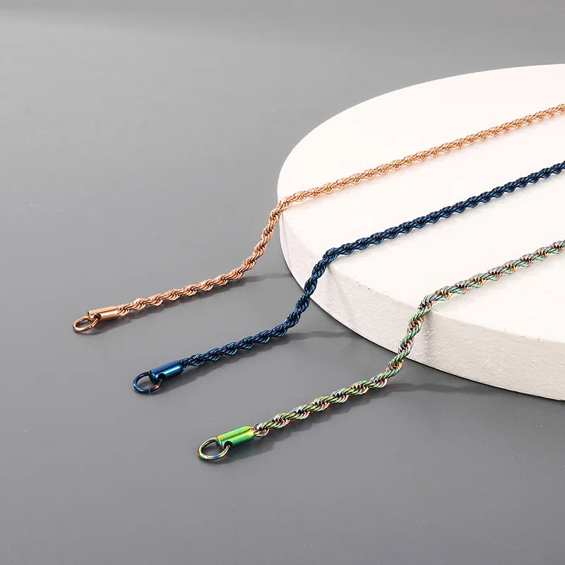Cross-Border Sweater Chain Accessories, Hip-Hop Vacuum Plated 3mm Fried Dough Twists Chain, Regular Chain, Stainless Steel Necklace for Men and Women